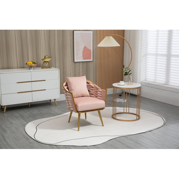 Velvet Accent Chair, Modern Tufted Upholstered Leisure Armchair with Curved Backrest and Metal Frame, Comfy Single Sofa Chair with Pillow for Living Room Bedroom Office Apartment, Pink