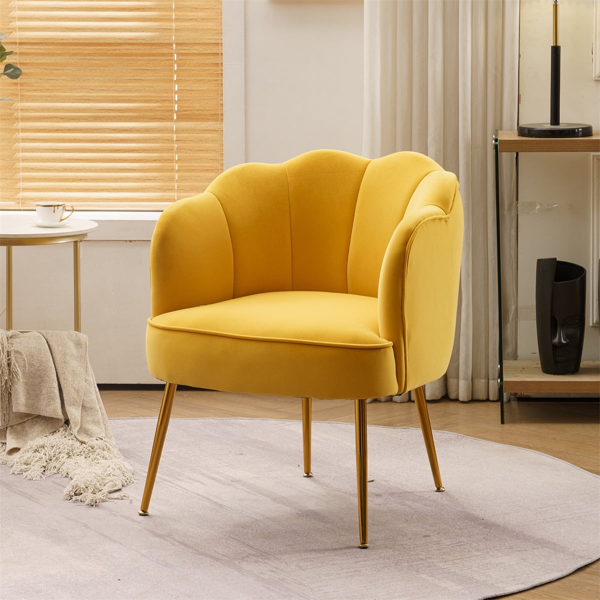 ANBAZAR Velvet Accent Chair, Club Armchair, Tufted Soft Cushion Leisure Chair, Metal Leg, Bedroom, Living Room, Salon, Yellow