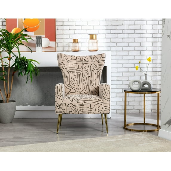 Velvet Accent Chair, Modern Upholstered Armchair with Arms and High Back, Comfy Leisure Single Sofa Chair with Golden Metal Legs for Living Room Bedroom, Beige