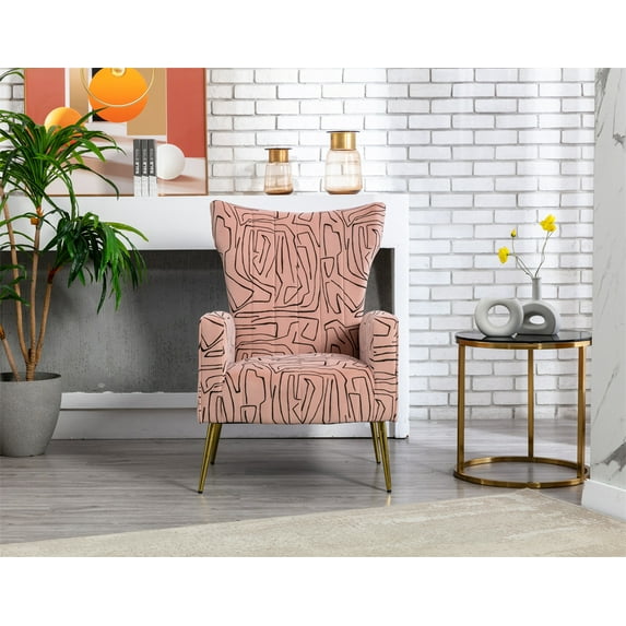 Velvet Accent Chair, Modern Upholstered Armchair Living Room Chair with Rose Golden Feet, Mid-Century Wingback Single Sofa Chair with Armrest, Comfy Leisure Club Chair for Living Room Bedroom, Pink