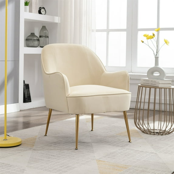 Velvet Accent Chair, Modern Upholstered Reading Chair with Backrest and Armrest, Soft Ergonomic Leisure Chair Vanity Chair with Gold Adjustable Legs for Living Room Bedroom Apartment, Cream White