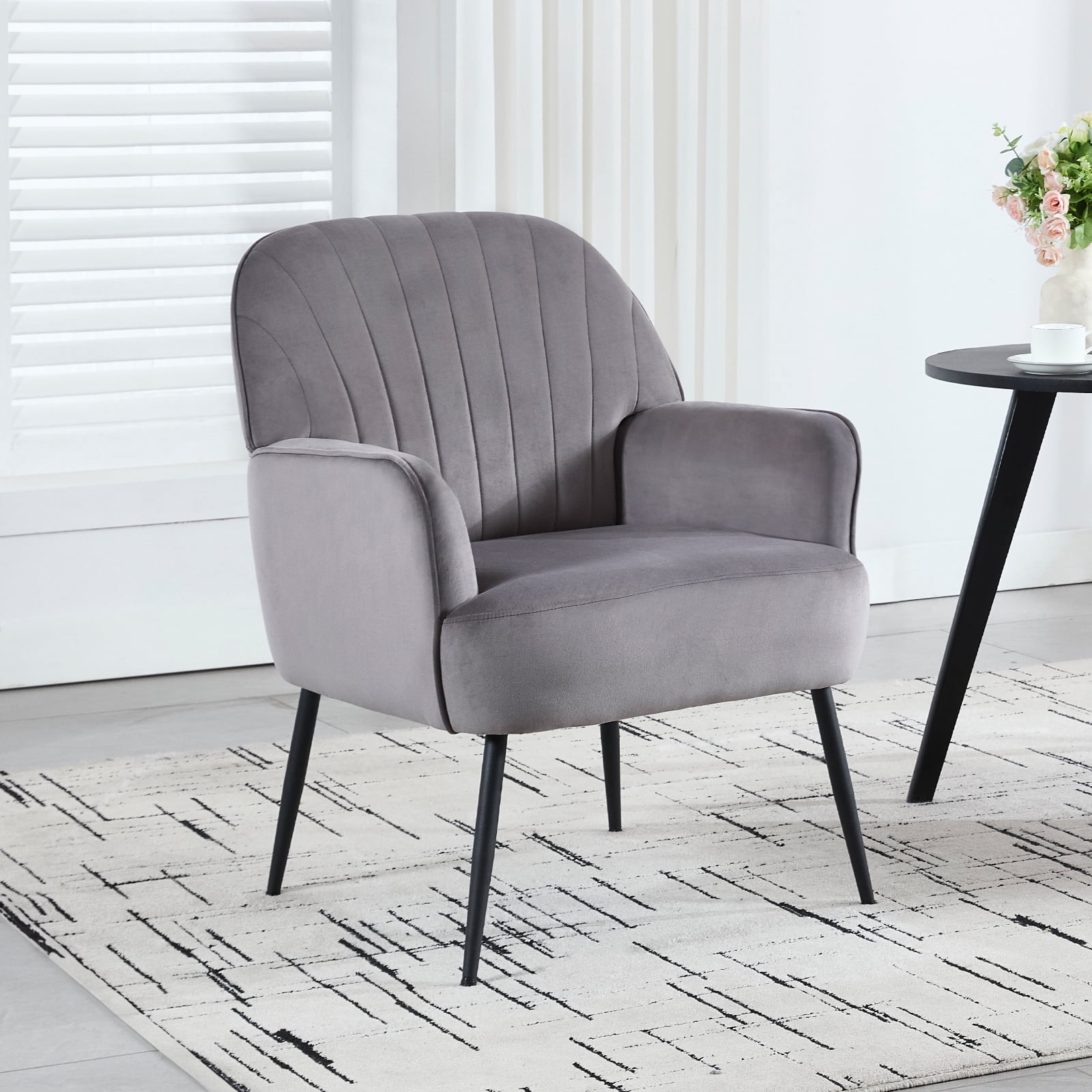 Velvet Accent Chair, Modern Upholstered Single Sofa Side Living Room Chair, Comfy Barrel Reading Armchair with Metal Legs for Bedroom, Waiting Room, Office and Vanity, Gray