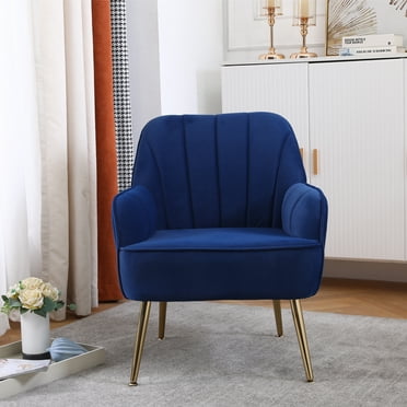 Velvet Accent Chair, Modern Velvet Vanity Chair for Makeup Room, Comfy Upholstered Leisure Chair with Arm, Back and Solid Metal Legs for Bedroom, Home Arm Chair for Living Room, Navy