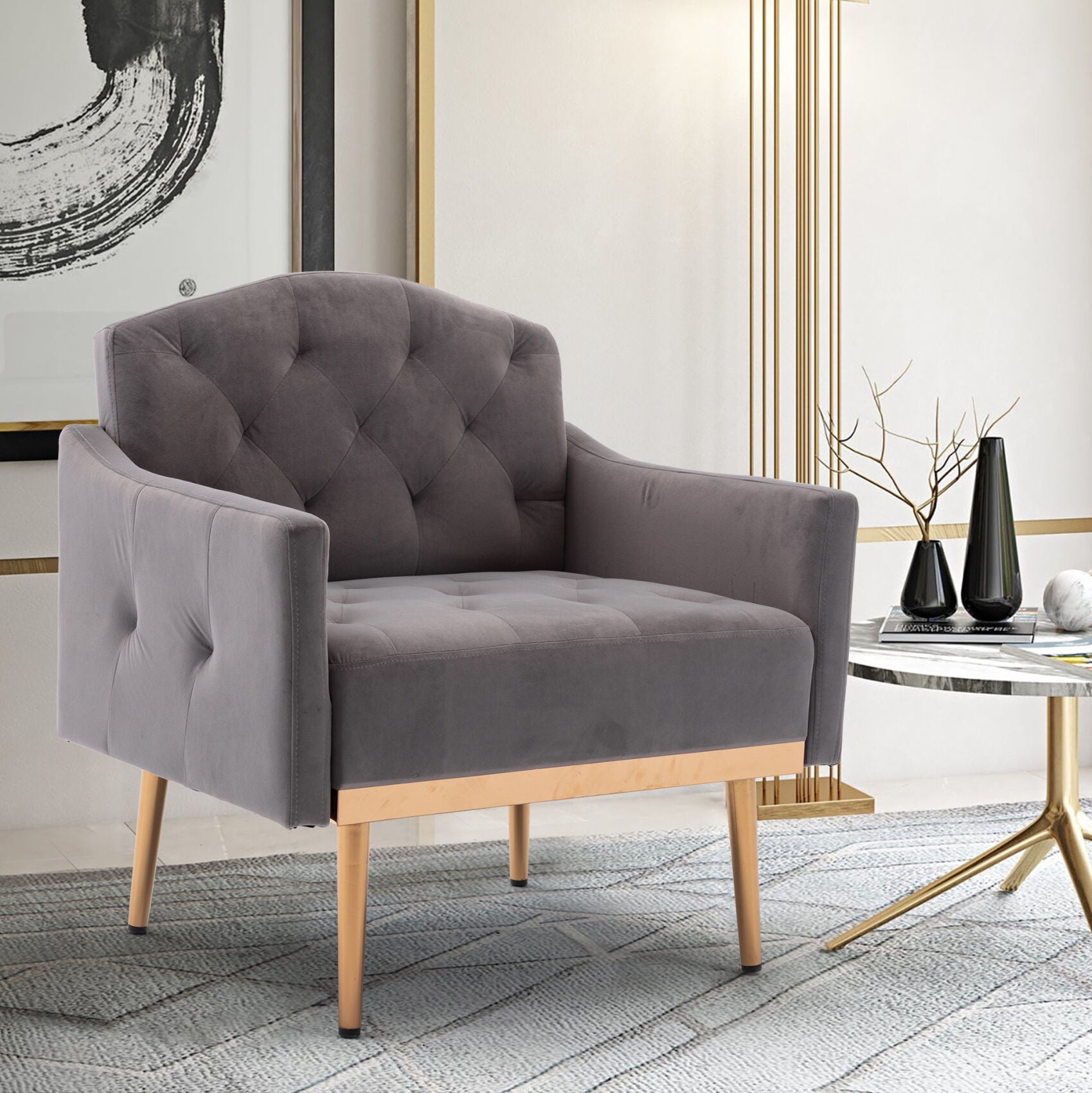 Gray Velvet Tufted Accent Chair with Gold Metal Legs