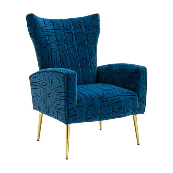 Velvet Accent Chair, Modern Wingback Armchair with High Back and Golden Metal Legs, Upholstered Sofa Chair Lounge Chair, Mid Century Vanity Chair for Living Room Bedroom, Navy