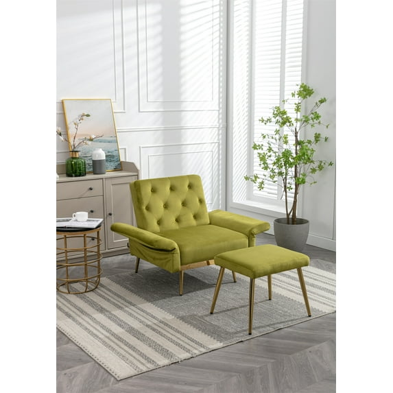 Velvet Accent Chair with Ottoman,Comfy Single Sofa Chair with Adjustable Backrest & Armrest,Single Recliner Armchair with Ottoman,Upholstered Lounge Chair Reading Chair for Living Room,Olive Green
