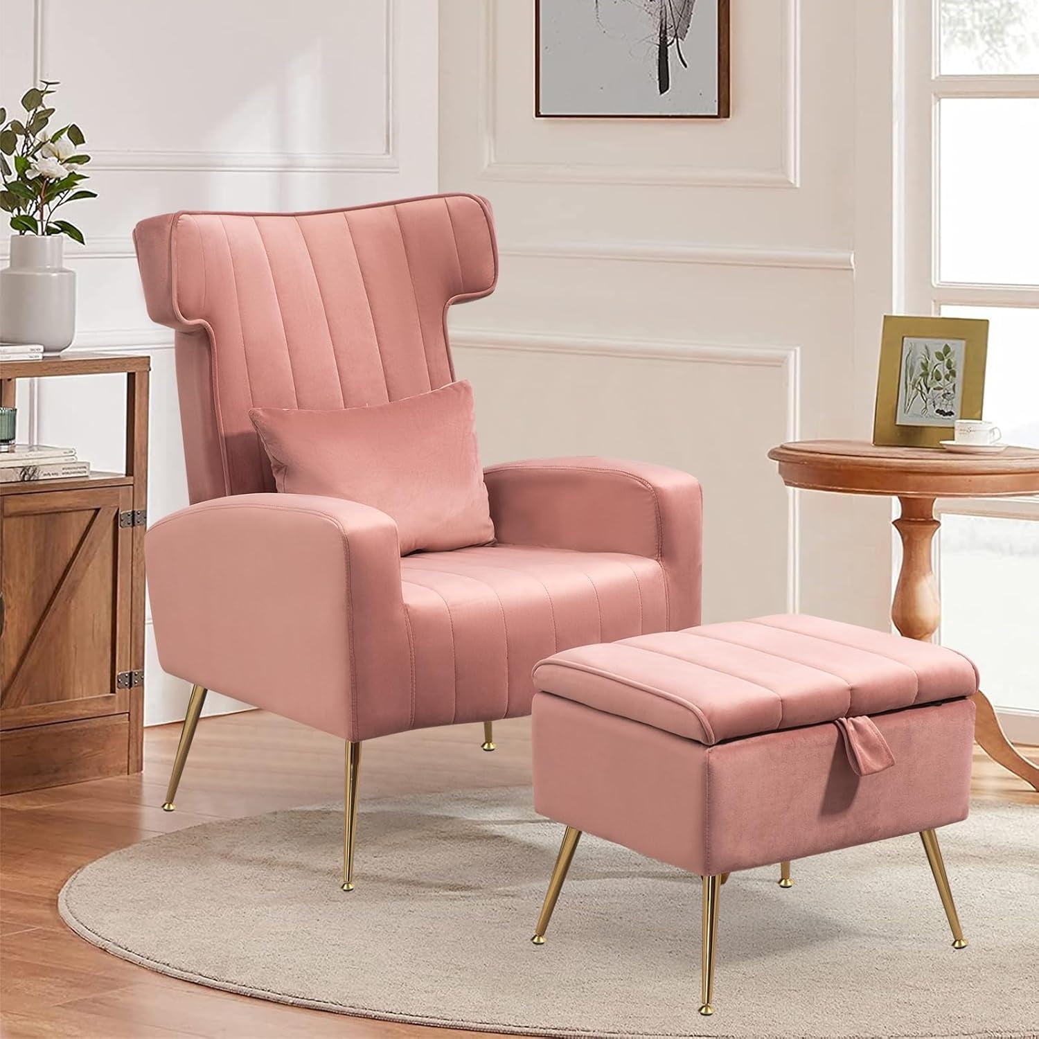 Velvet Accent Chair with Ottoman MidCentury Modern Upholstered Arm