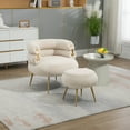 thumbnail image 1 of Velvet Accent Chair with Ottoman, Modern Upholstered Lounge Chair with Footrest and Metal Legs, Comfy Tufted Single Leisure Chairs with Curved Back for Living Room, Bedroom, Office, Beige, 1 of 8
