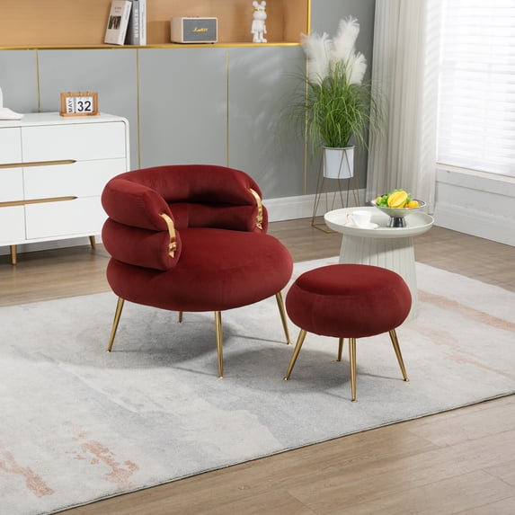 Velvet Accent Chair with Ottoman, Modern Upholstered Lounge Chair with Footrest and Metal Legs, Comfy Tufted Single Leisure Chairs with Curved Back for Living Room, Bedroom, Office, Wine Red