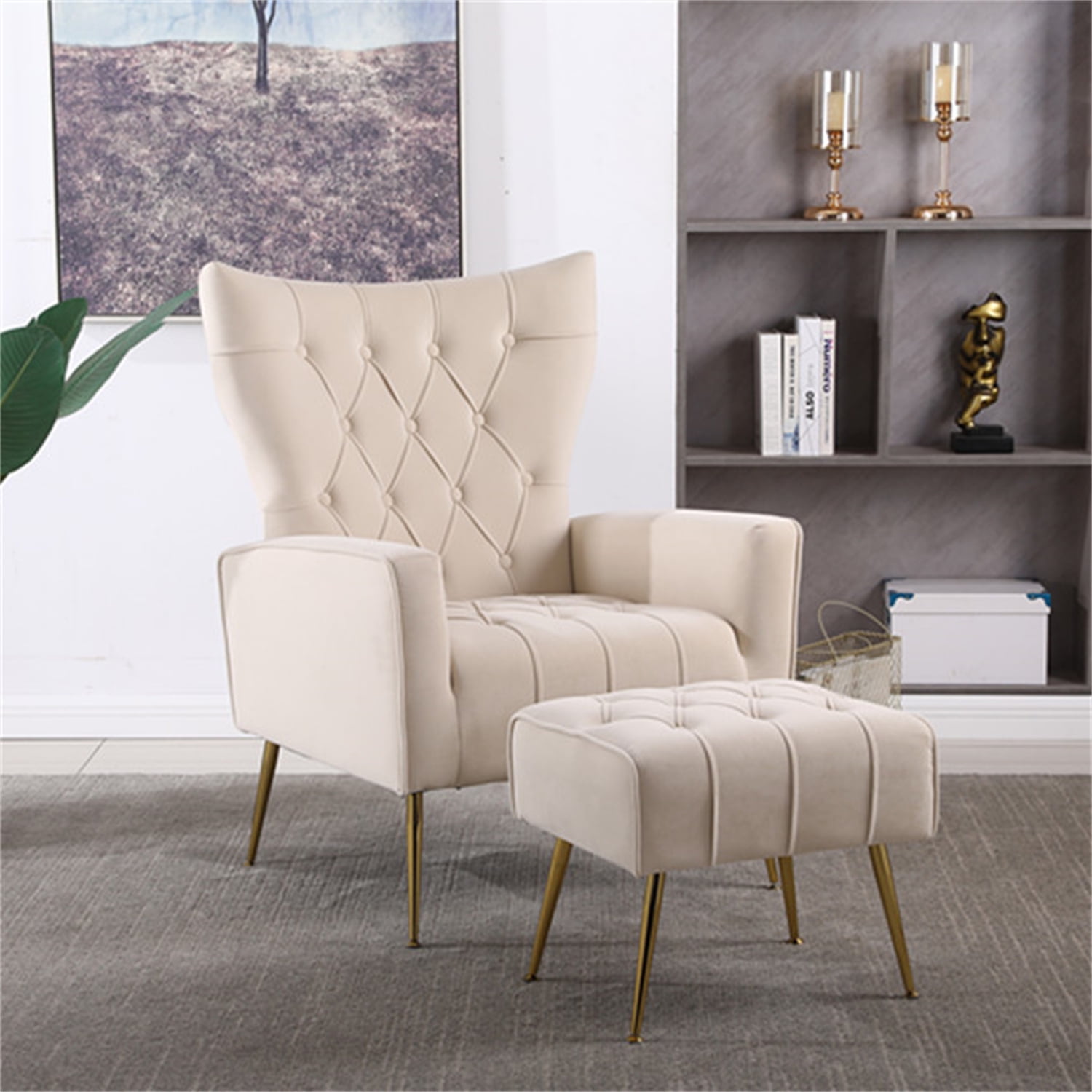 Velvet Accent Chair with Ottoman Set, Modern Fabric Upholstered Armchair with Golden Metal Legs