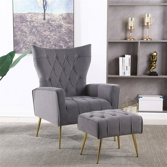 Velvet Accent Chair with Ottoman Set, Modern Fabric Upholstered Armchair with Golden Metal Legs and High Back, Single Sofa Chair Comfy Couch for Living Room Bedroom Lounge Corner, Gray