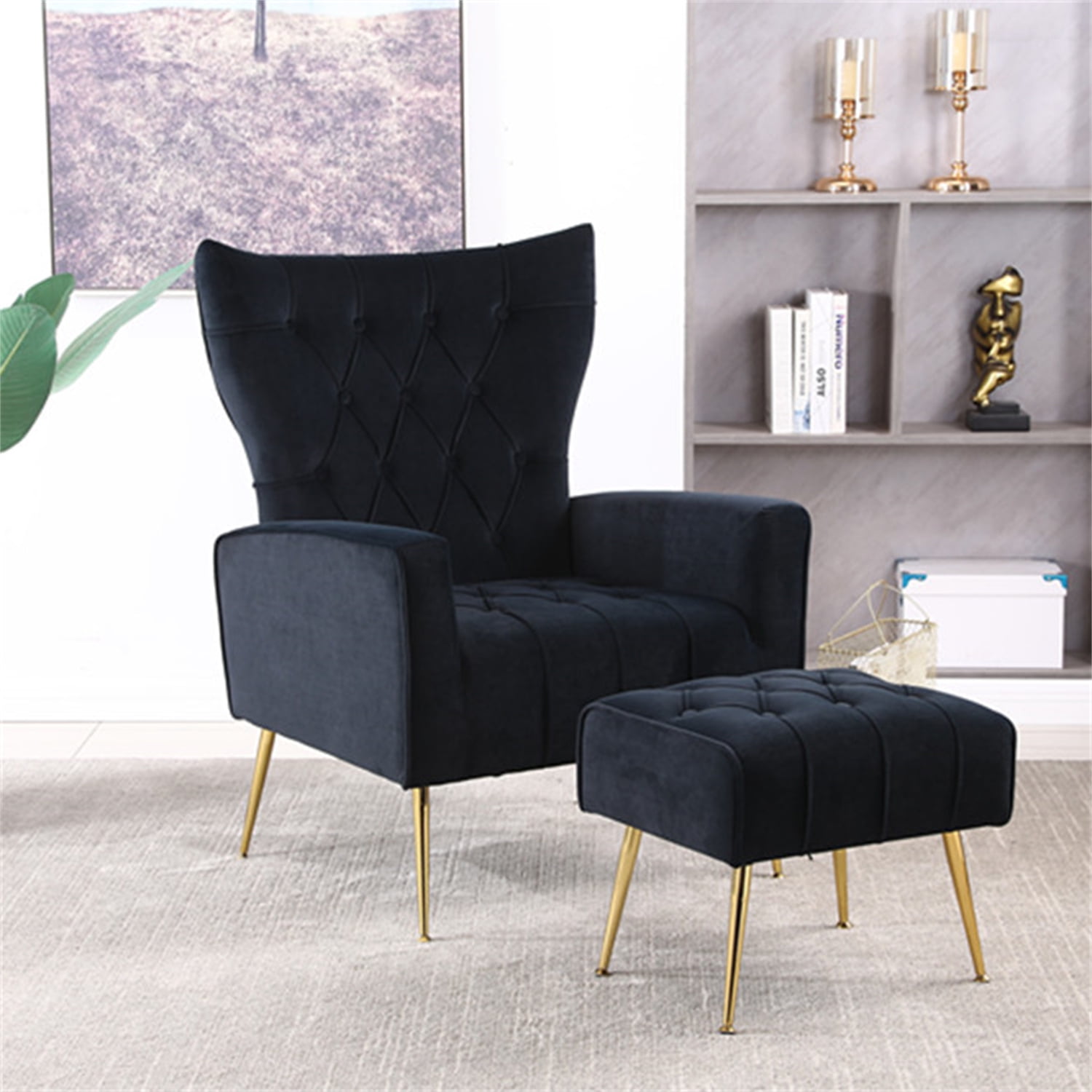 Velvet Accent Chair with Ottoman Set, Modern Fabric Upholstered Armchair with Golden Metal Legs