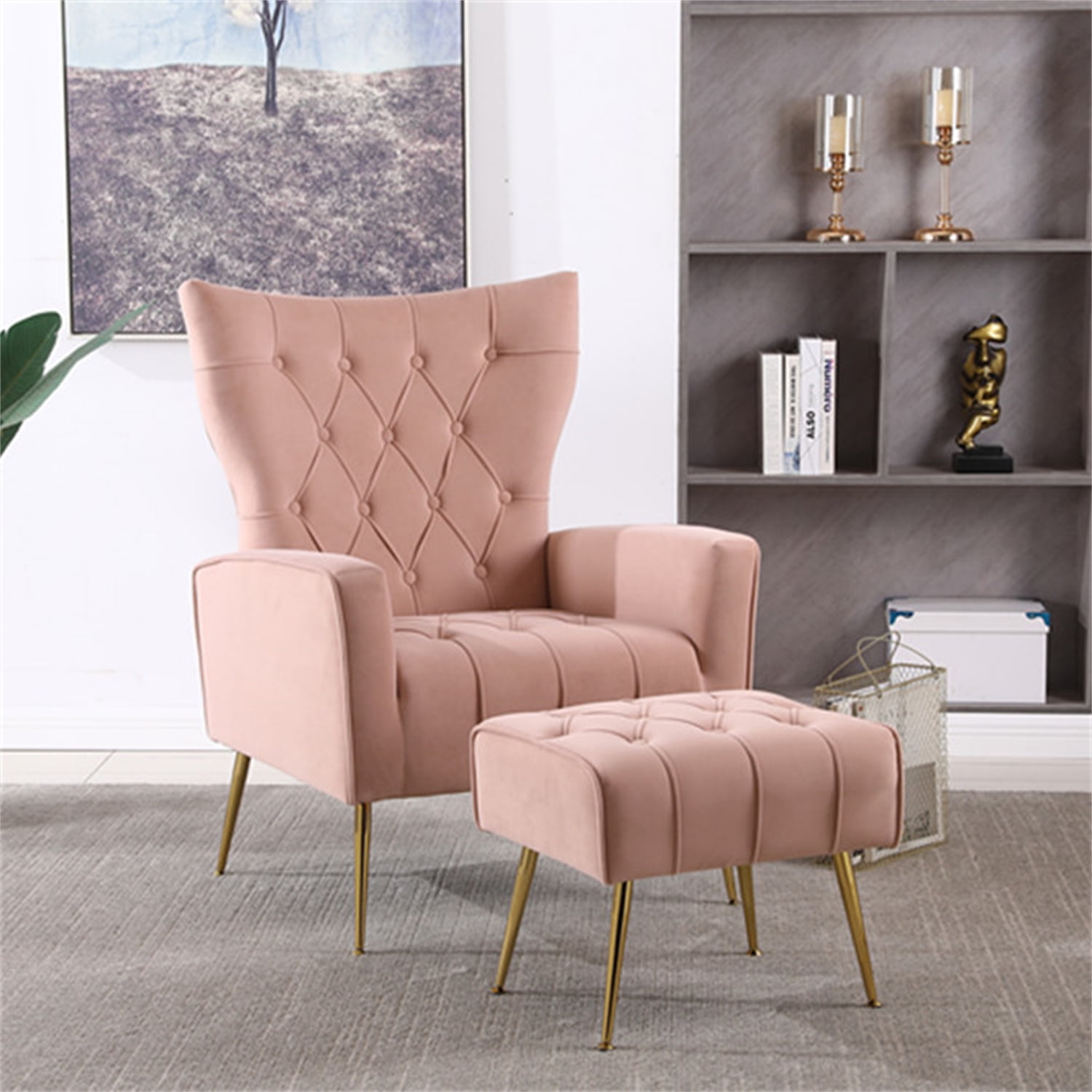 Velvet Accent Chair with Ottoman Set, Modern Fabric Upholstered Armchair with Golden Metal Legs