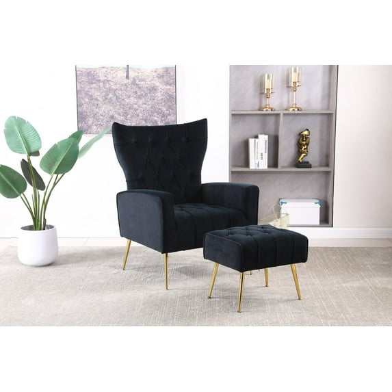 Velvet Accent Chair with Ottoman, Wingback Chair with Footstool, Upholstered Button Tufted Sofa Chair with Metal Legs, Leisure Reading Armchair for Living Room Bedroom Office (Black)