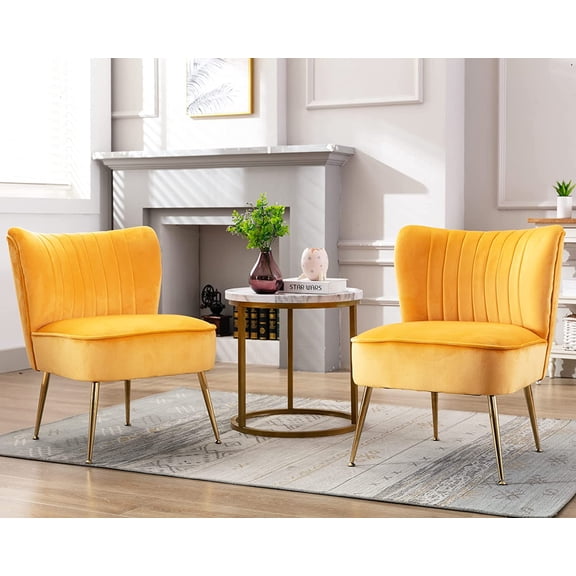 Velvet Accent Chair Set of 2 Comfy Living Room Chair Armless Slipper Mid Century Side Single Sofa Chair with Golden Legs Wingback for Bedroom Guest Room, Yellow