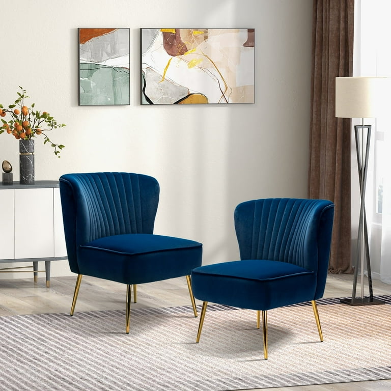 Navy Velvet Accent Chairs (Set of 2) with Gold Legs for Tufted