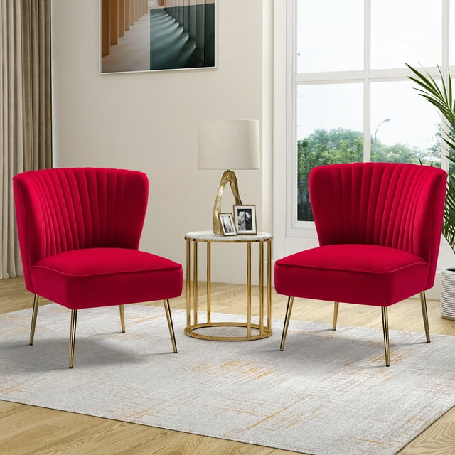 Velvet Accent Chair Set of 2 Upholstered Adult Side Chairs Gold Leg Home Bedroom Red