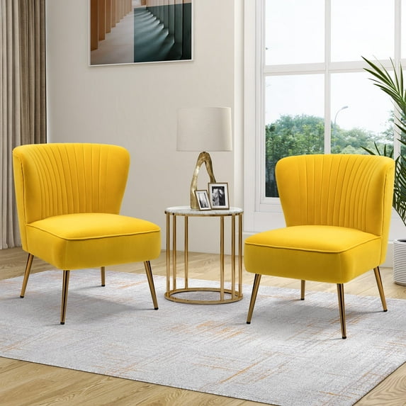 Velvet Accent Chair Set of 2 Upholstered Adult Side Chairs Metal Leg Foam Home Bedroom Yellow