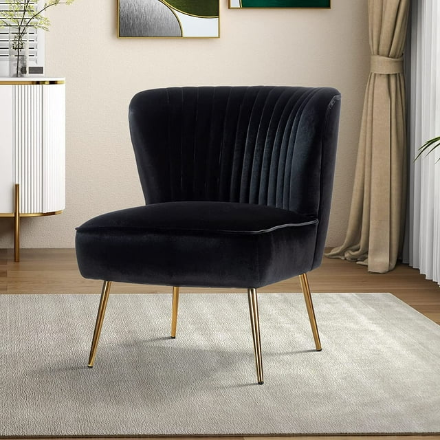 Velvet Accent Chair Upholstered Armless Side Chair Gold Leg Home Living Room Adult Black