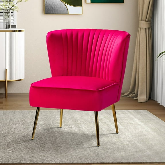 Velvet Accent Chair Upholstered Armless Side Chair Gold Leg Home Living Room Adult Fushia