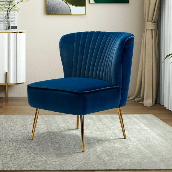 Velvet Accent Chair Upholstered Armless Side Chair Gold Leg Home Living Room Adult Navy