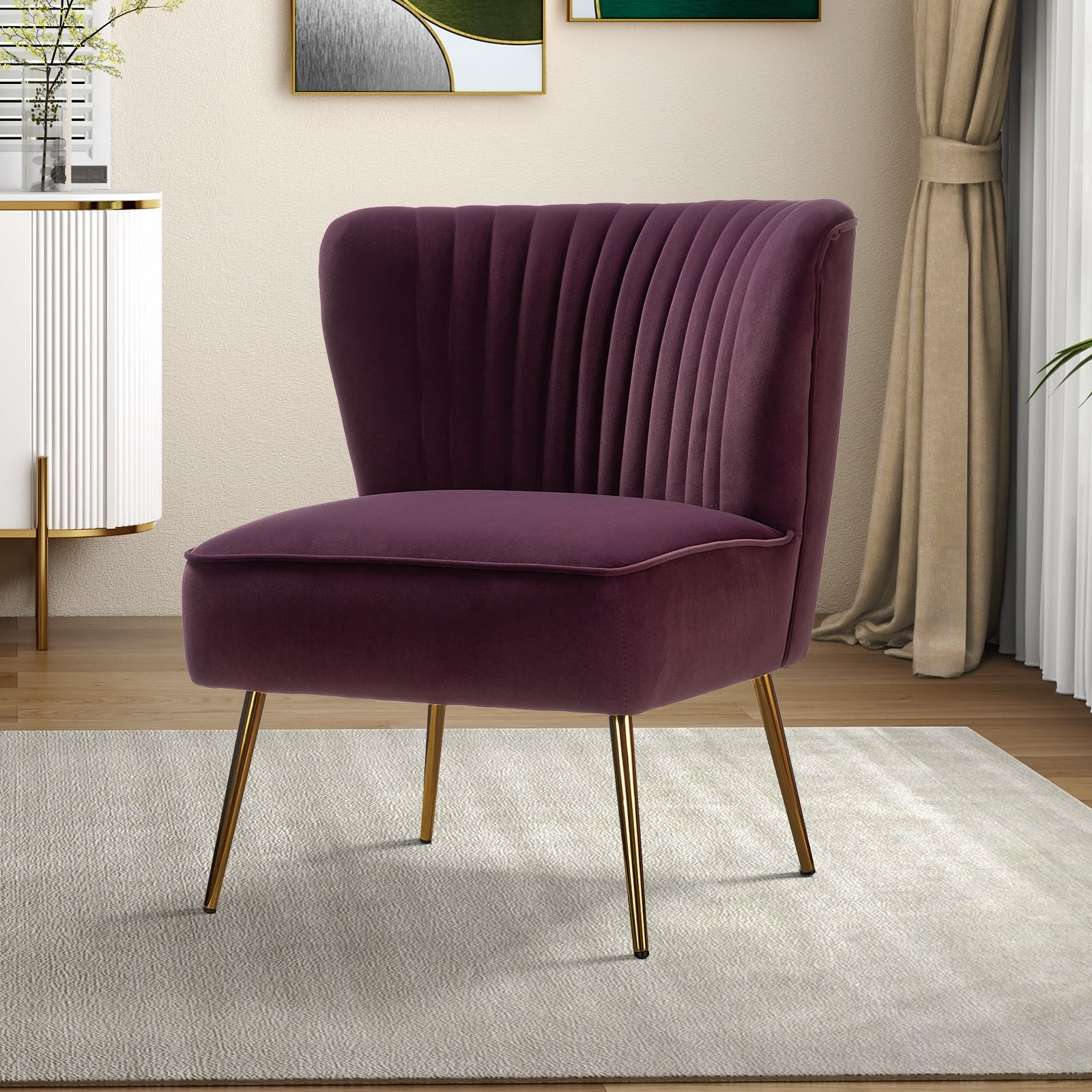 Velvet Accent Chair Upholstered Armless Side Chair Gold Leg Home Living Room Adult Purple