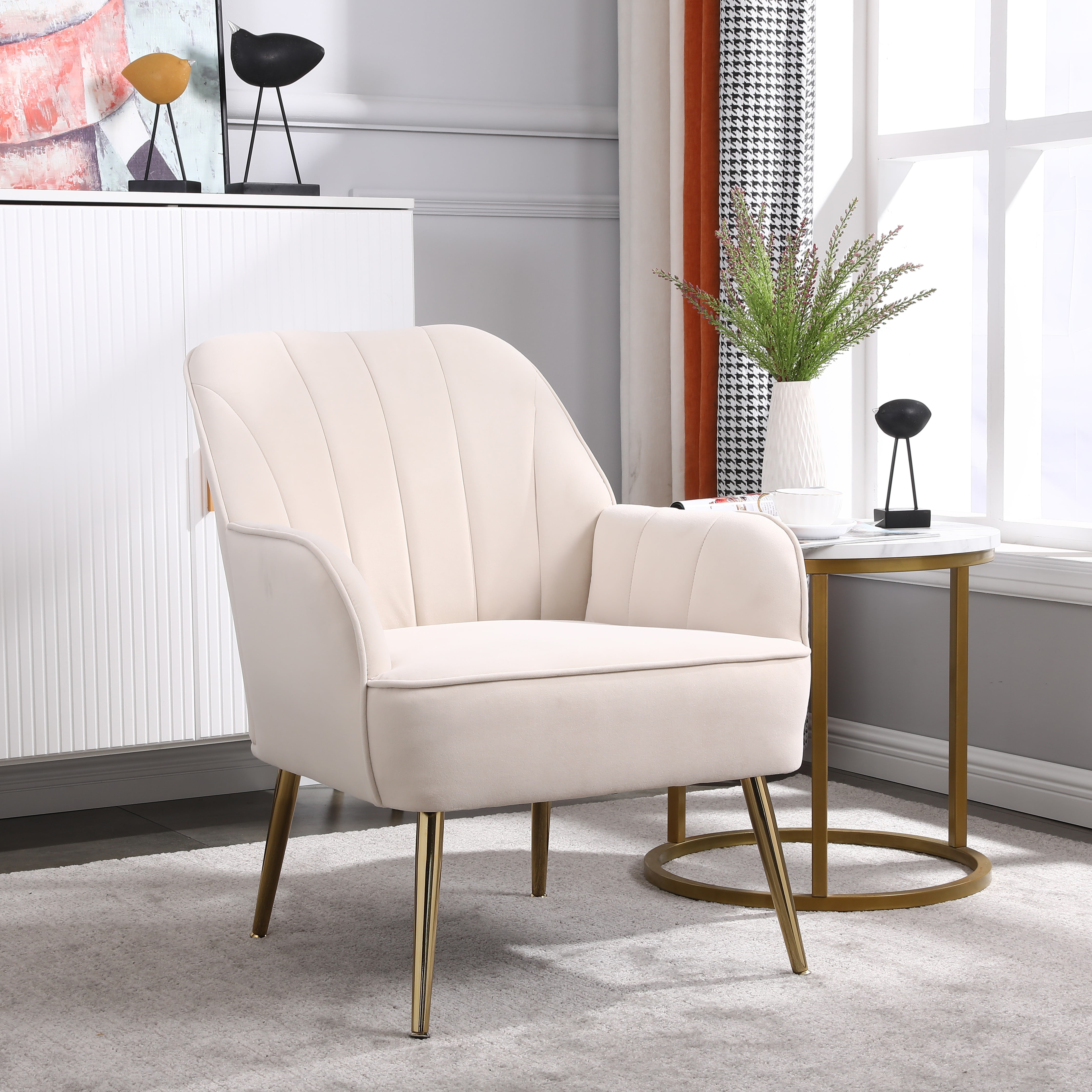 Beige Accent Velvet Upholstered Vertical Striped Tufted Back Straight Arm  Chairs with Silver Metal Frame LL-W81867875 - The Home Depot