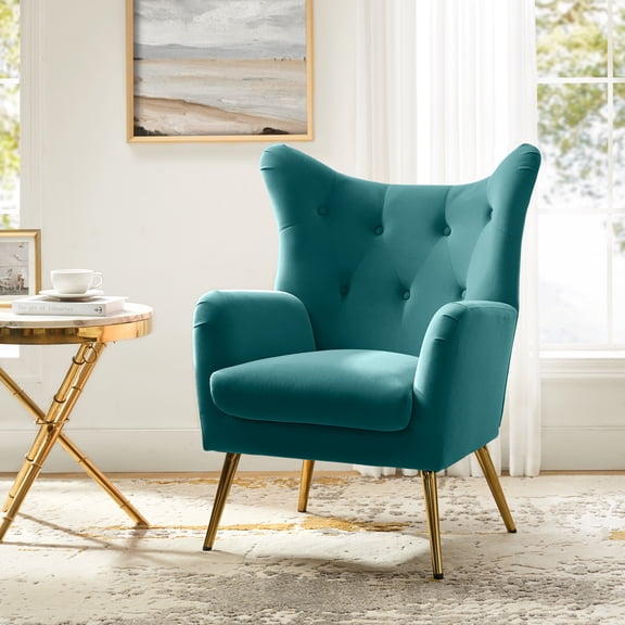 Velvet Accent Chair Wingback Home Lounge Single Sofa Upholstered Tufted High Back Golden Leg Living Room Adult Blue