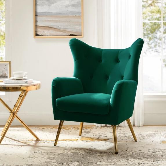 Velvet Accent Chair Wingback Home Lounge Single Sofa Upholstered Tufted High Back Golden Leg Living Room Adult Green