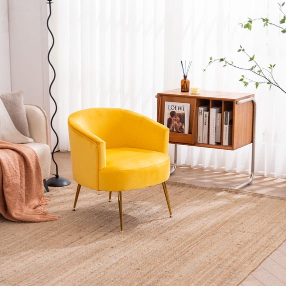 Velvet Accent Chair with Gold Metal Legs, Yellow, Foam Filled - Pack of 1