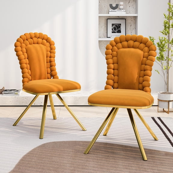 Velvet Accent Chairs, Set of 2 Dining Room Chairs with 360-Degree Swivel and Gold Metal Legs, Upholstered Seat for Living Room and Bedroom, Orange