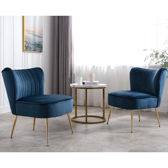 Velvet Accent Chairs Set of 2 Modern Armless Slipper Wingback Single Sofa Side Comfy Corner Chair with Golden Legs for Living Room Bedroom, Navy Blue