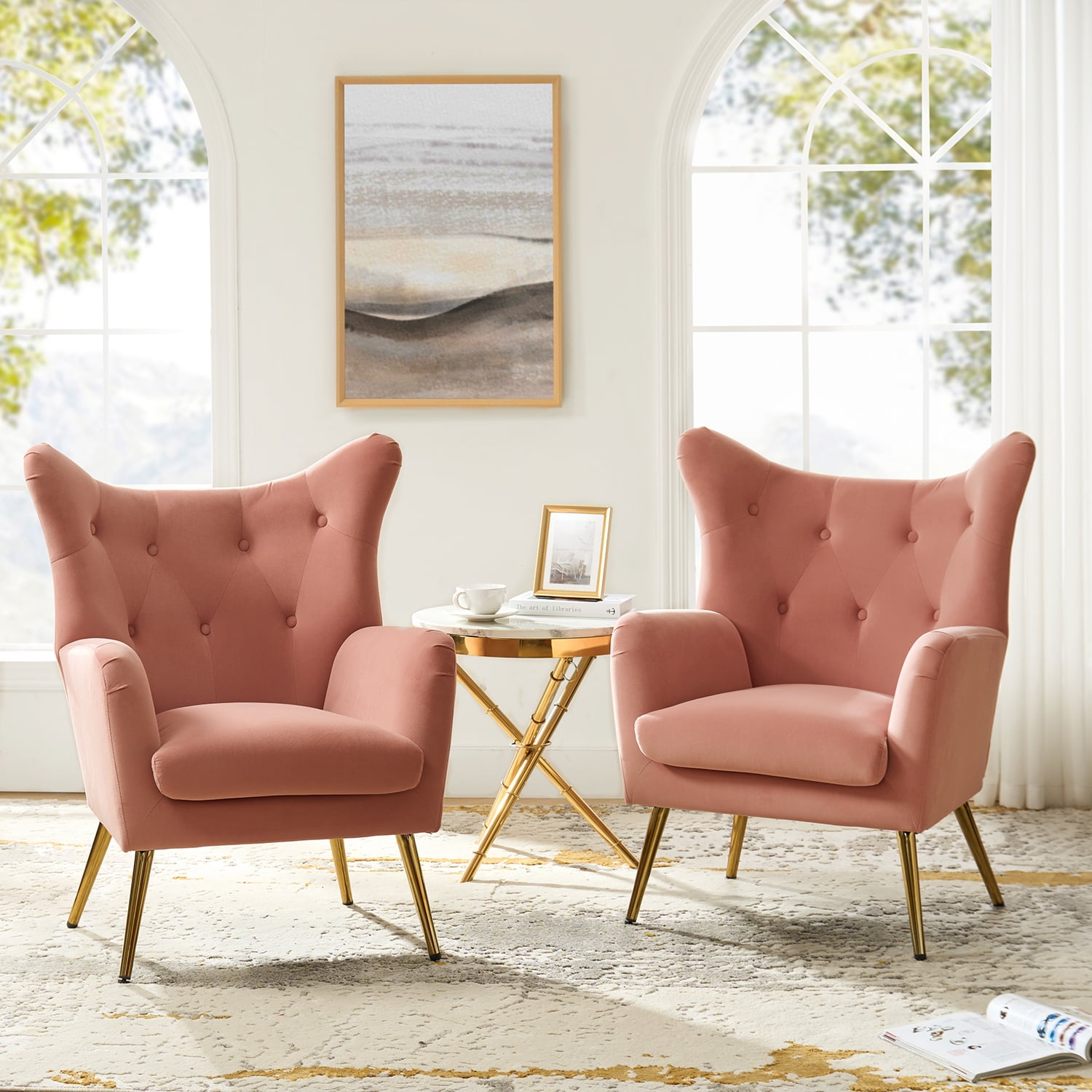 Velvet Accent Chairs Set of 2 Wingback Lounge Armchairs Sofa
