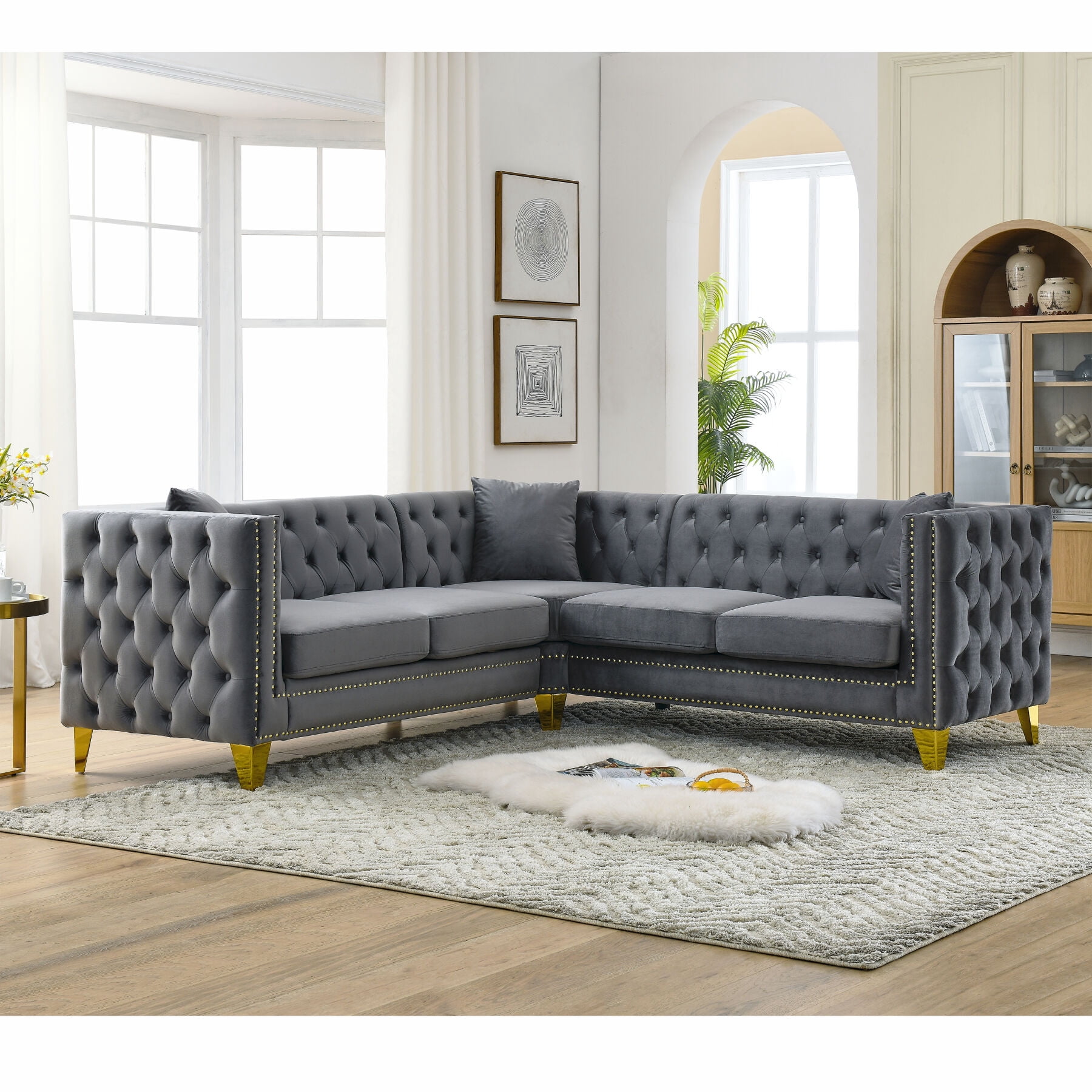 Velvet Accent Large Sofa, 82.2" Corner Sofa with Nailhead Trim, L ...