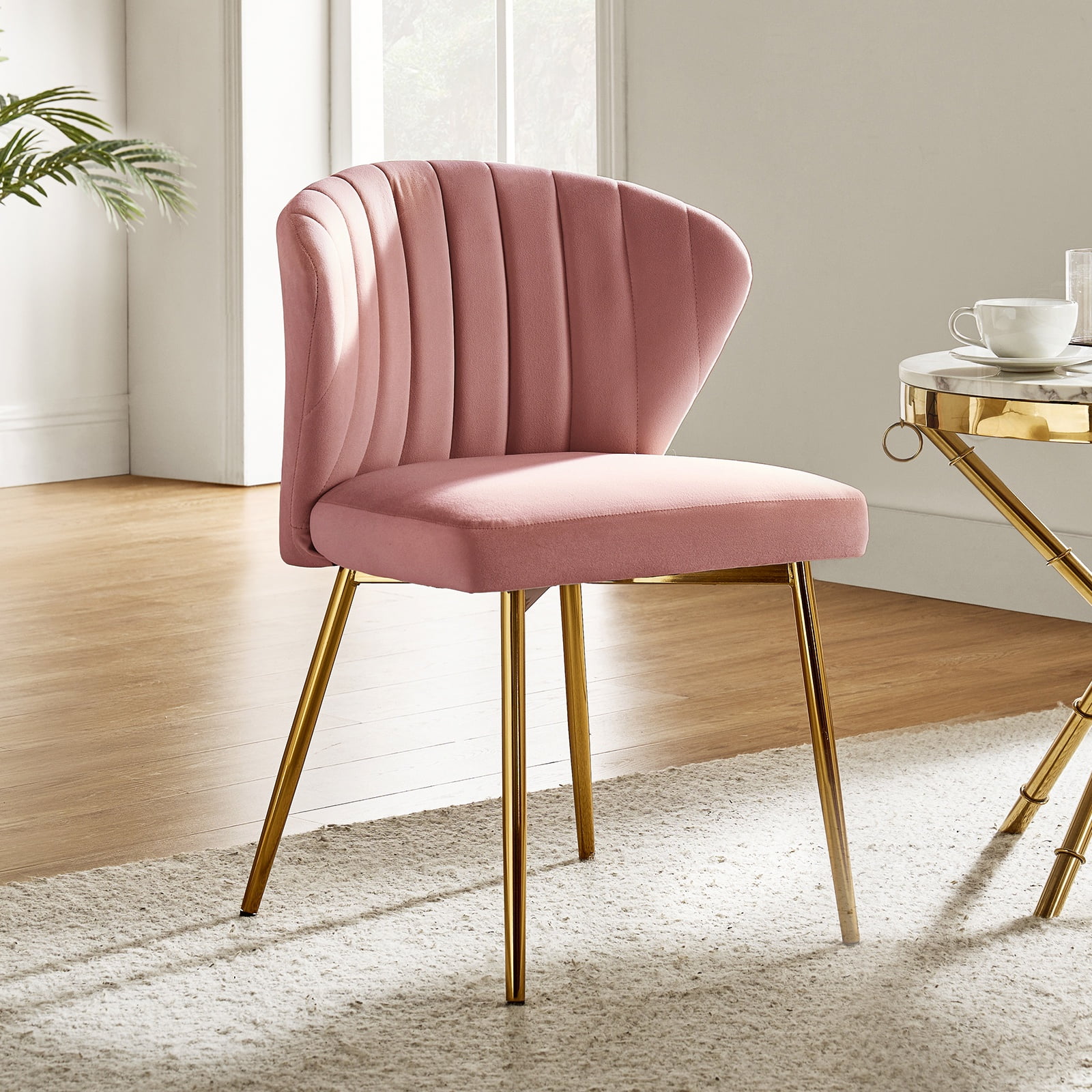 Pink Velvet Upholstered Side Chair with Gold Metal Legs