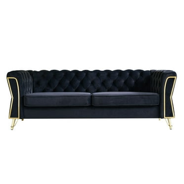 Velvet Accent Sofa, Modern 87.4 inch 3-Seater Sofa Couch with Button Tufted Backrest and Soft Seating, Comfy Upholstered Large Sofa with Golden Metal Legs for Living Room Apartment Office, Black
