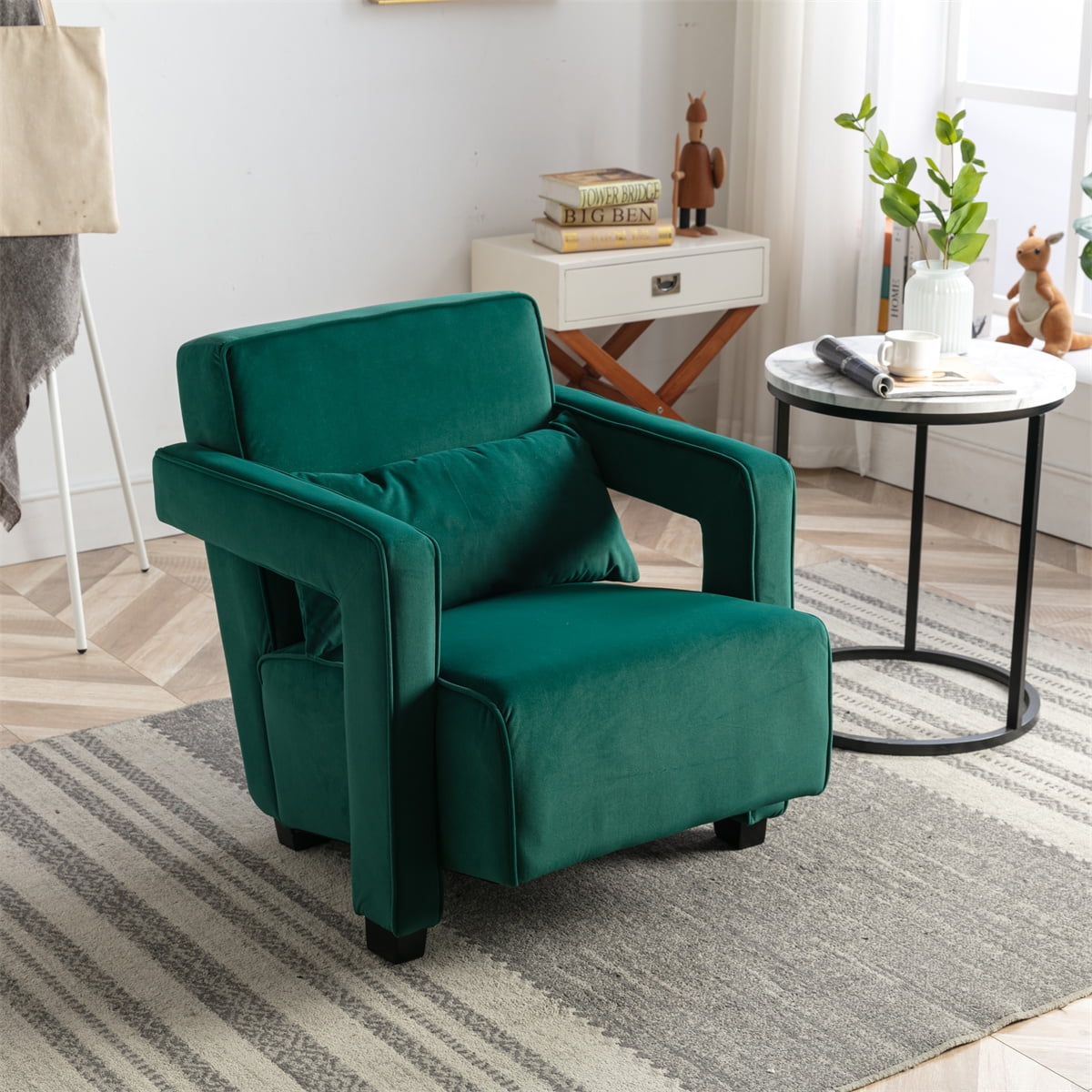 Velvet Accent Sofa, Upholstered Open Back Armchair with Lumbar Pillow ...