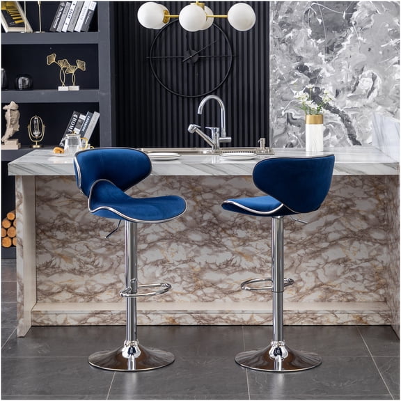 Velvet Adjustable Swivel Bar Stools, Set of 2, Blue Upholstered Counter Height Stools with Footrest
