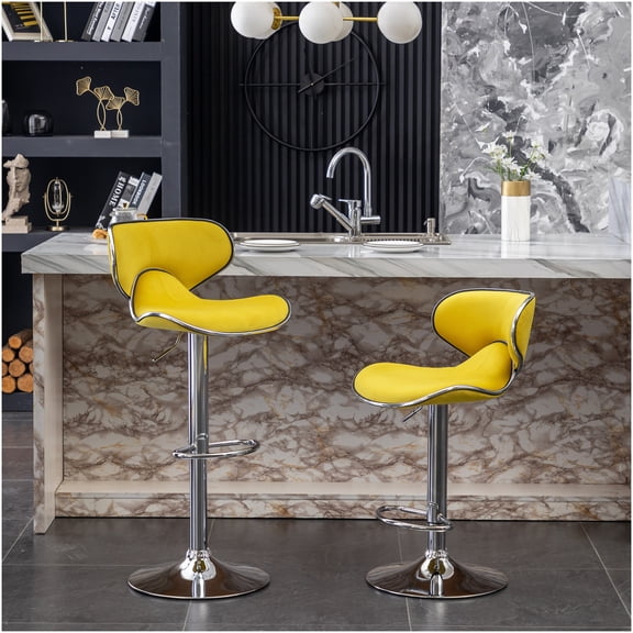 Velvet Adjustable Swivel Bar Stools Set of 2, Yellow Upholstered Counter Height Stools with Footrest