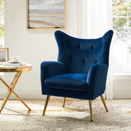 Velvet Armchair Wingback Home Lounge Single Sofa Upholstered Tufted Accent Chair Golden Leg Living Room Adult Navy