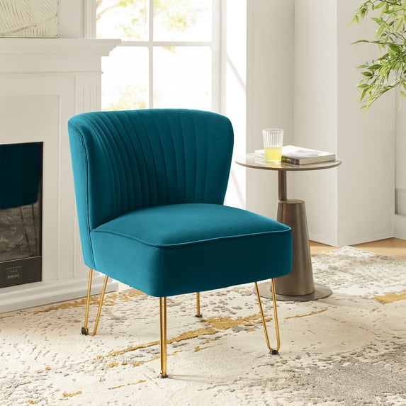 Velvet Armless Accent Chair Gold Metal Legs Modern Upholstered Single Sofa Home Living Room Blue
