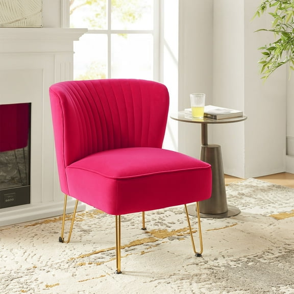 Velvet Armless Accent Chair Gold Metal Legs Modern Upholstered Single Sofa Side Chair Home Living Room Fushia
