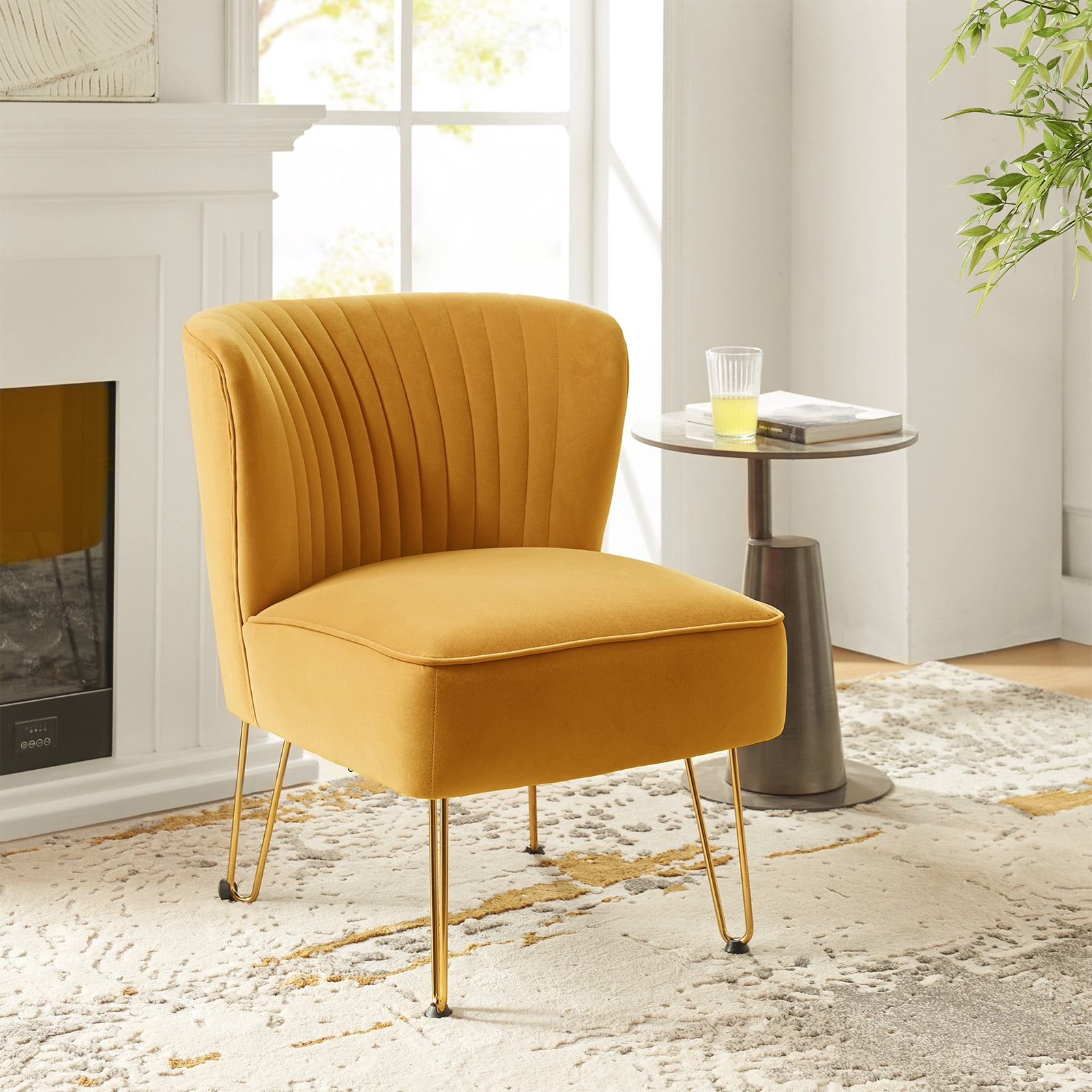 Velvet Armless Accent Chair Gold Metal Legs Modern Upholstered Single ...