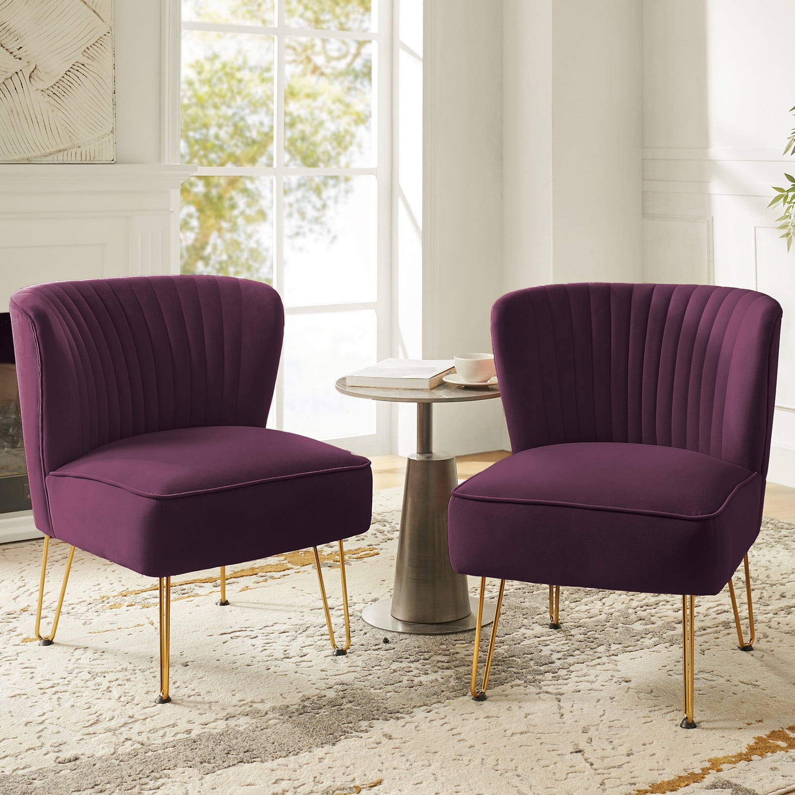 Velvet Armless Accent Chair Set of 2 Gold Metal Legs Modern