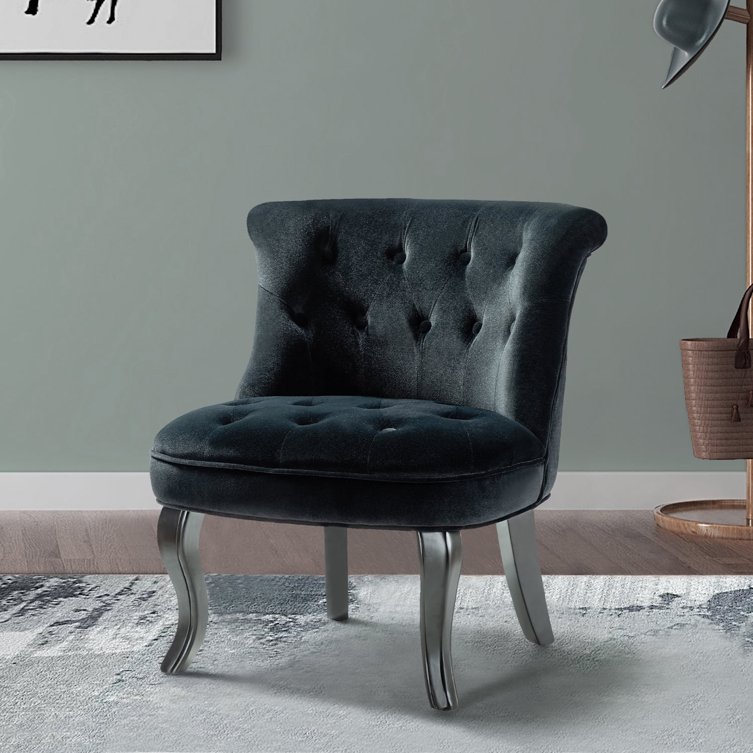 Velvet Armless Accent Chair Upholstered Button Single Sofa Wood Legs Velvet Armless Accent Chair Upholstered Button Single Sofa Wood Legs