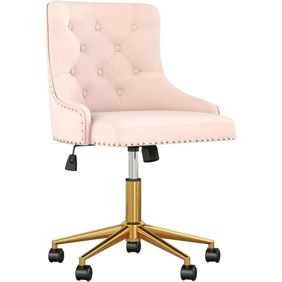 Velvet Armless Home Office Desk Chair, Swivel Height-Adjustable Small Cute Vanity Chair for Women/Girls, Comfy Makeup Chair with Rivet and Gold Base for Living Room, Bedroom(Light Pink)