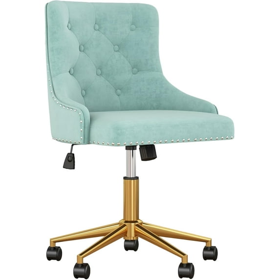 Velvet Armless Home Office Desk Chair, Swivel Height-Adjustable Small Cute Vanity Chair for Women/Girls, Comfy Makeup Chair with Rivet and Gold Base for Living Room, Bedroom(Green)