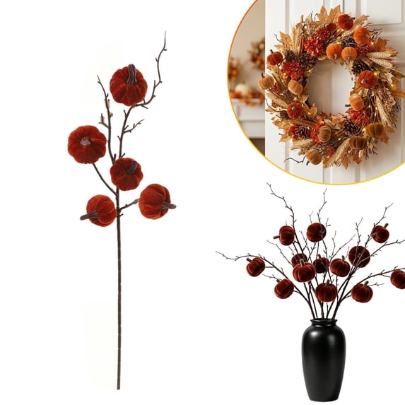 Velvet Artificial Pumpkin Branch Stem, Pumpkin Branch Picks With Realistic Harvest Design, Autumn Thanksgiving Decoration For Table Vase Fireplace Mantel Party Decor, 1 PC