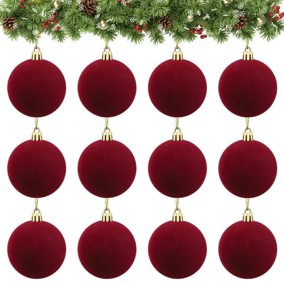 Velvet Ball Ornaments Christmas Balls Burgundy Red 12 PCS  2.36-Inch Xmas Tree Ball Ornaments for Christmas Trees Decorations Gifts Party Door Garland Wreath Decor