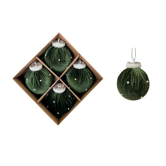 Velvet Ball Ornaments Christmas Balls Green 4 PCS 3.15-Inch Large Xmas Tree Ball Ornaments with Pearl for Christmas Tree Decor Wedding Holiday Xmas Party Decorations
